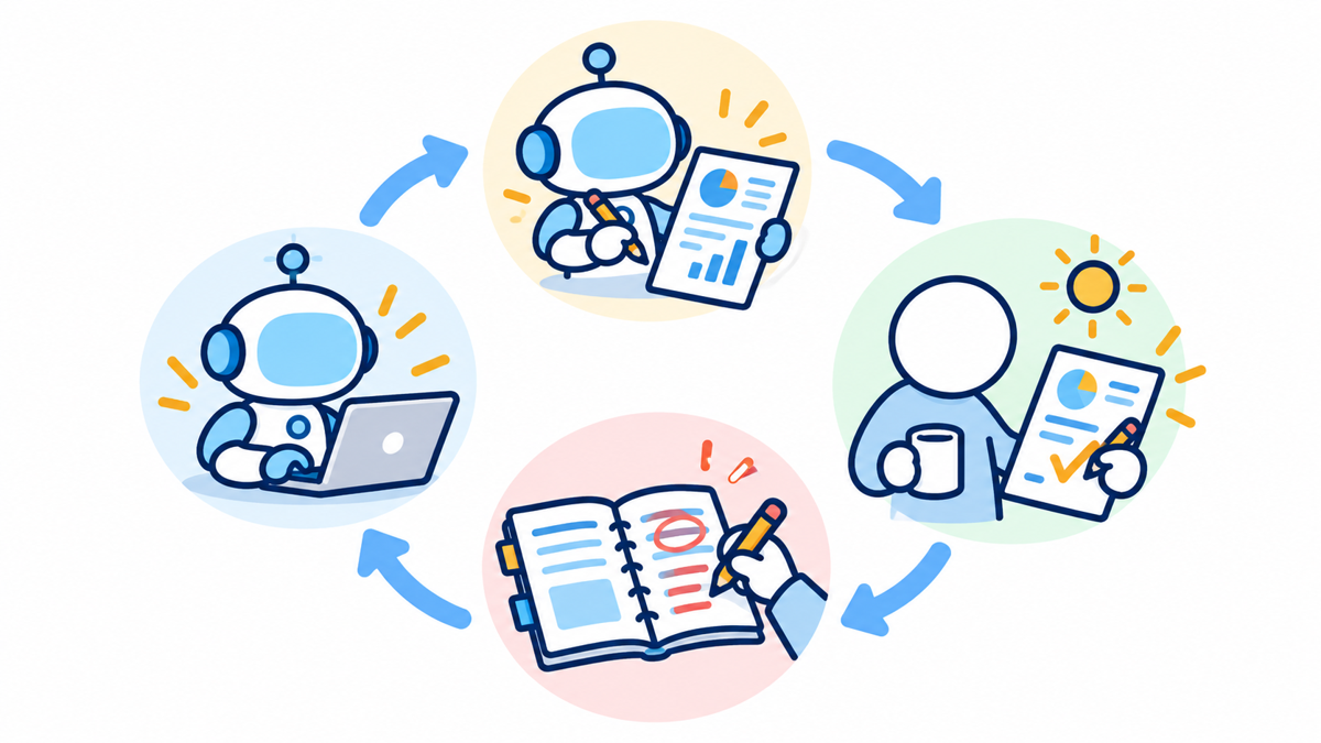 改善のループ：AIがレポートを書き、人が確認し、手順書を直し、AIが直った手順で動く